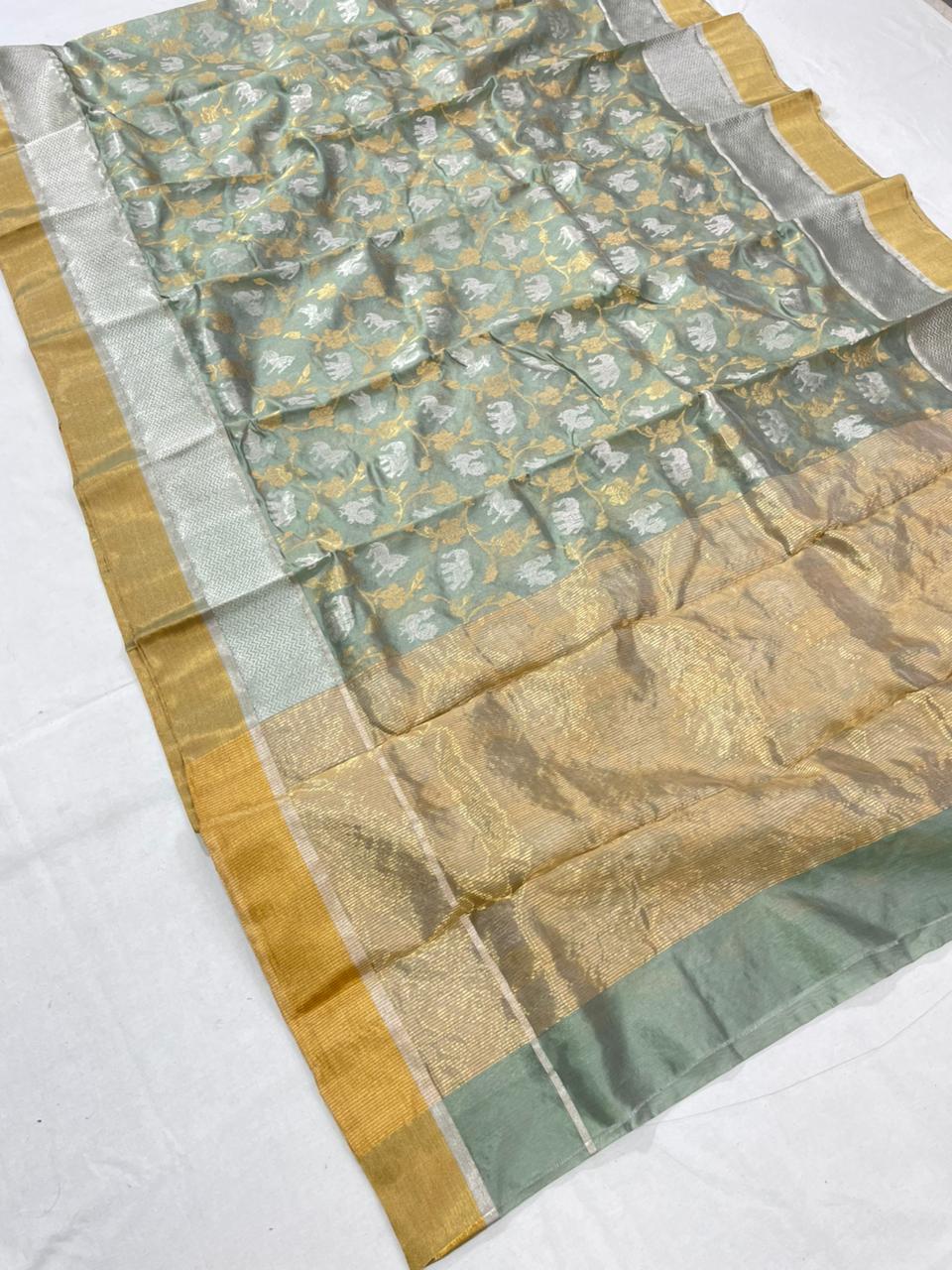 Sage Green Chanderi Handloom Pattu Silk Shikargah Handwork Saree