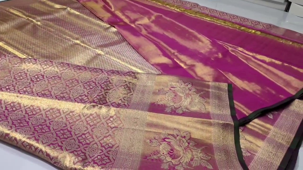 Hot Pink Kanchipuram Handloom Tissue Brocade Silk Saree