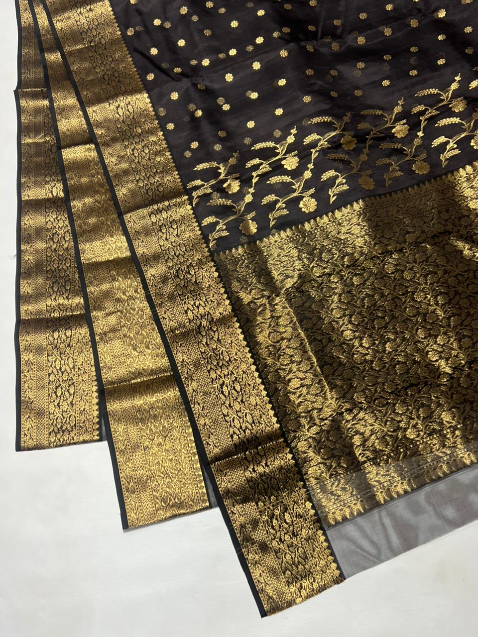 Black Chanderi Handloom Katan Silk Saree