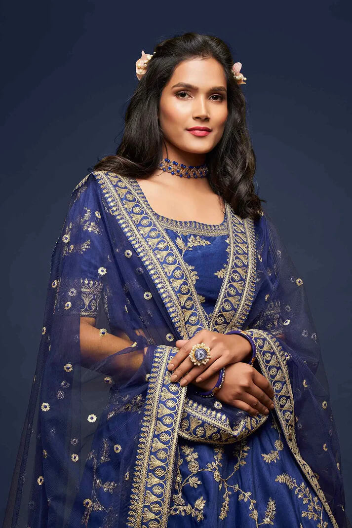 Blue Silk Lehenga with Thread, Zari & Sequins Work