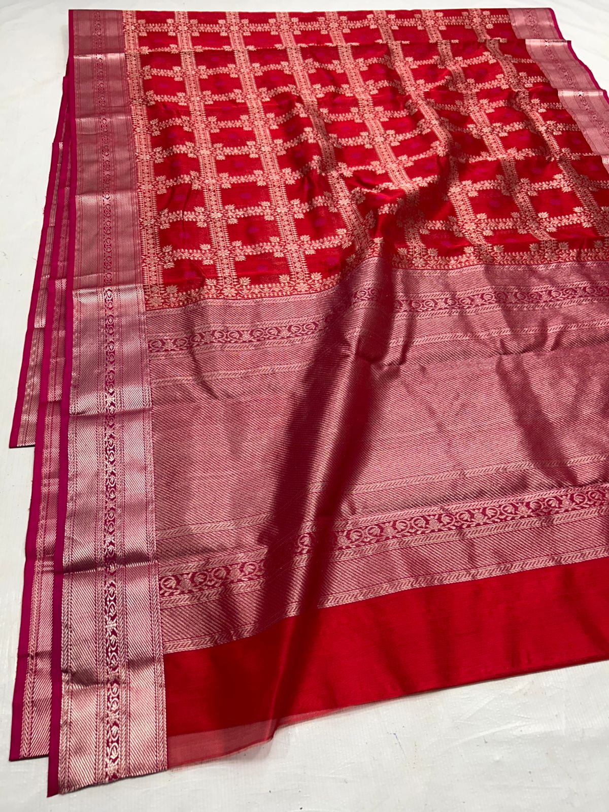 Rustic Red Chanderi Handloom Pattu Silk Meenakari Saree