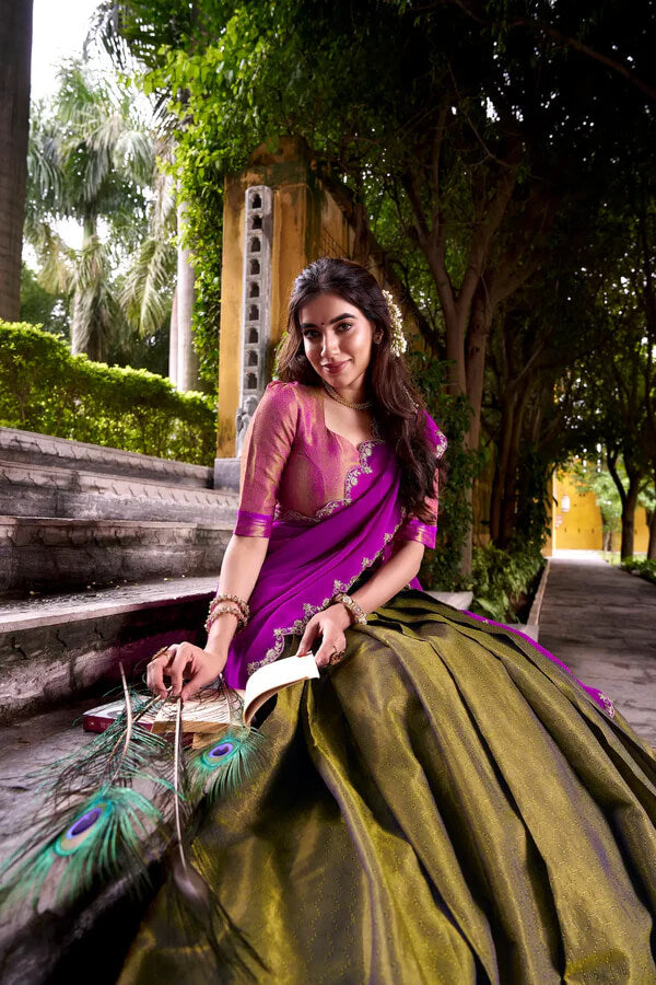 Designer Dark Olive Kanchipuram Lehenga for Weddings