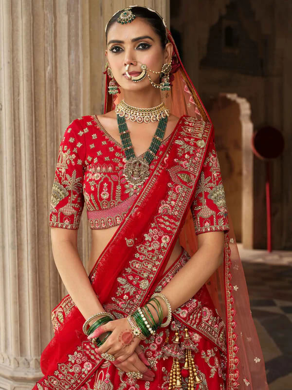 Classic Red Bridal Lehenga with Khatli Detailing