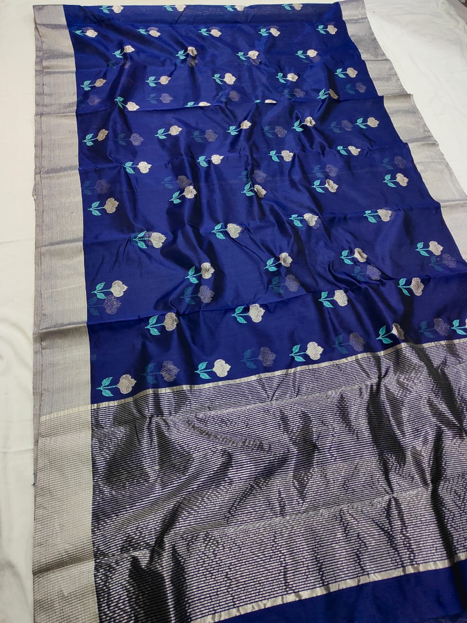 Midnight Blue Chanderi Handloom Pattu Silk Meenakari Saree