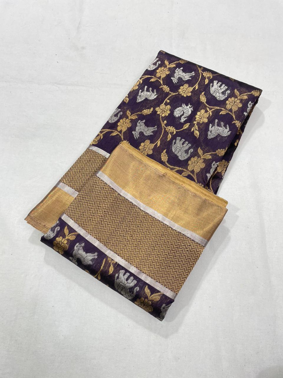 Purple Chanderi Handloom Pattu Silk Shikargah Handwork Saree