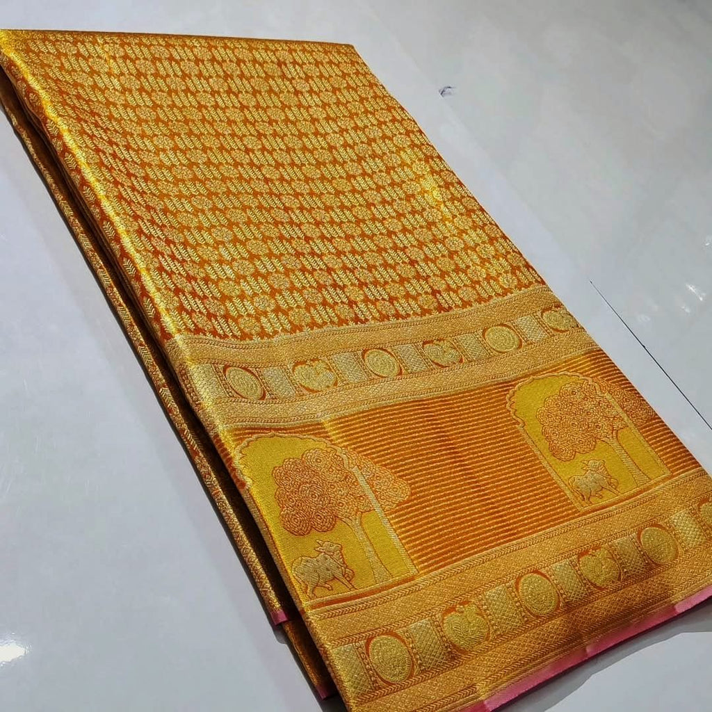 Orange Kanchipuram Handloom Tissue Brocade Silk Meenakari Saree