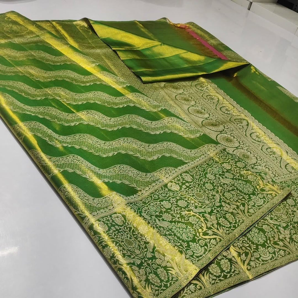 Green Kanchipuram Handloom Tissue Brocade Silk Meenakari Saree