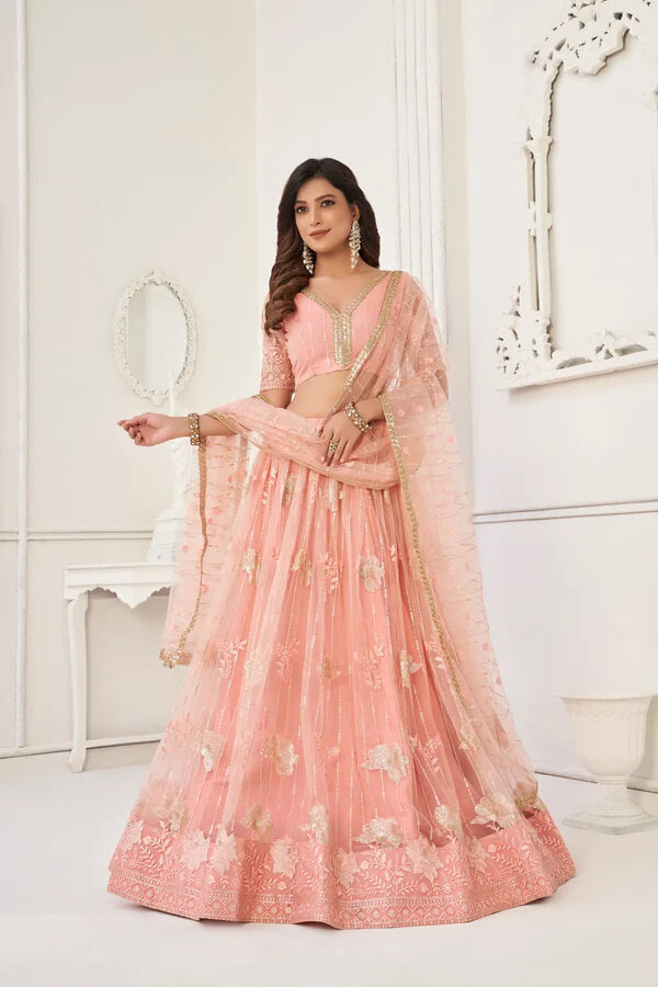 Elegant Peach Net Embroidered Lehenga Choli