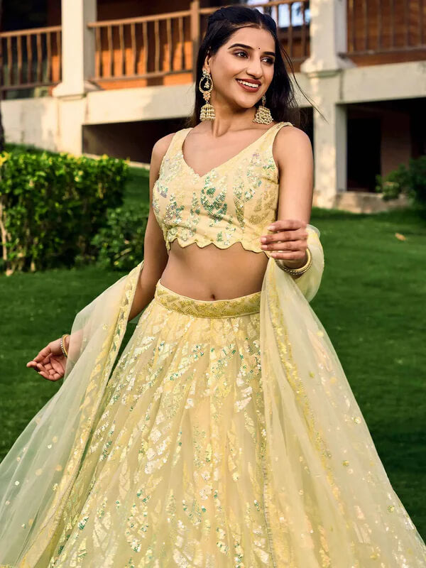 Yellow Soft Net Lehenga with Sequins & Thread Work
