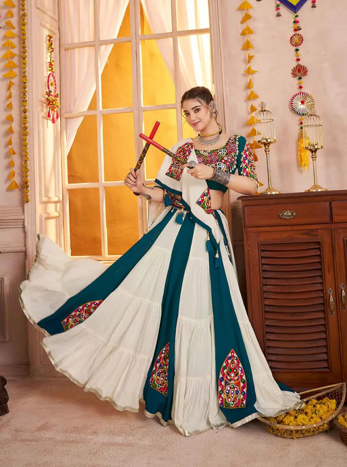 White & Teal Kutchi Mirror Work Navratri Lehenga Choli