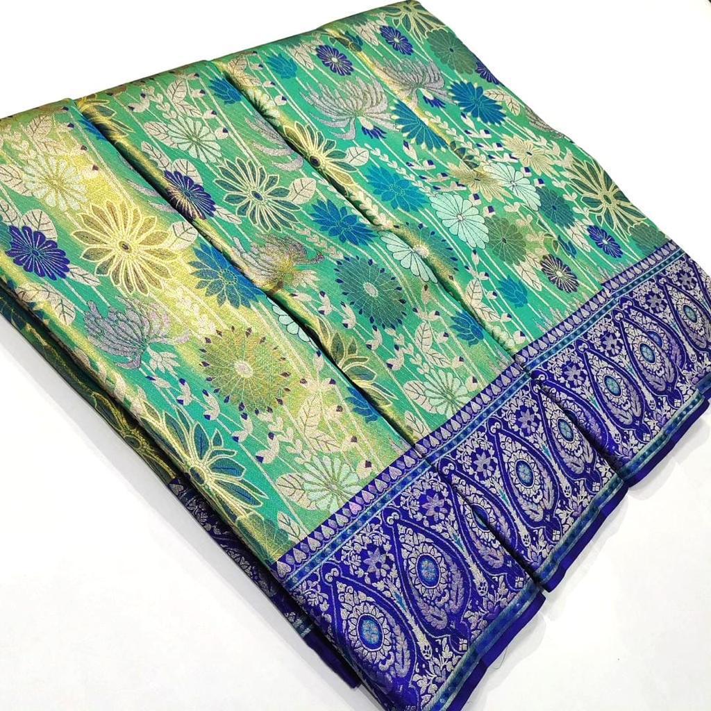 Sea Green Kanchipuram Handloom Tissue Brocade Meenakari Silk Saree
