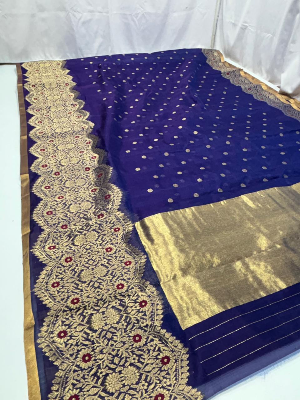 Royal Blue Chanderi Handloom Pattu Silk Handwork Saree