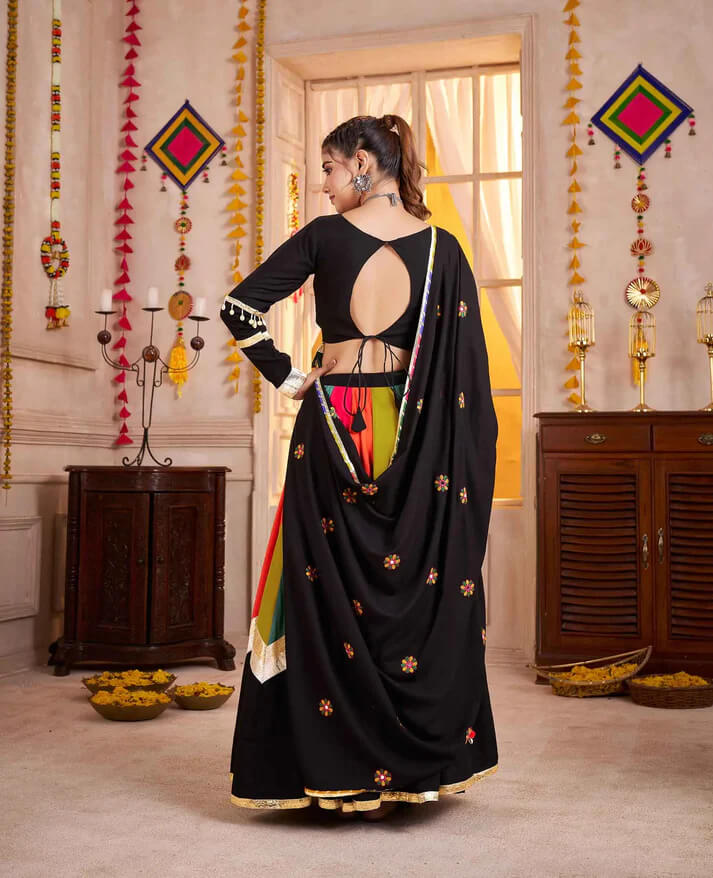 Black Multi Color Mirror & Thread Work Navratri Lehenga