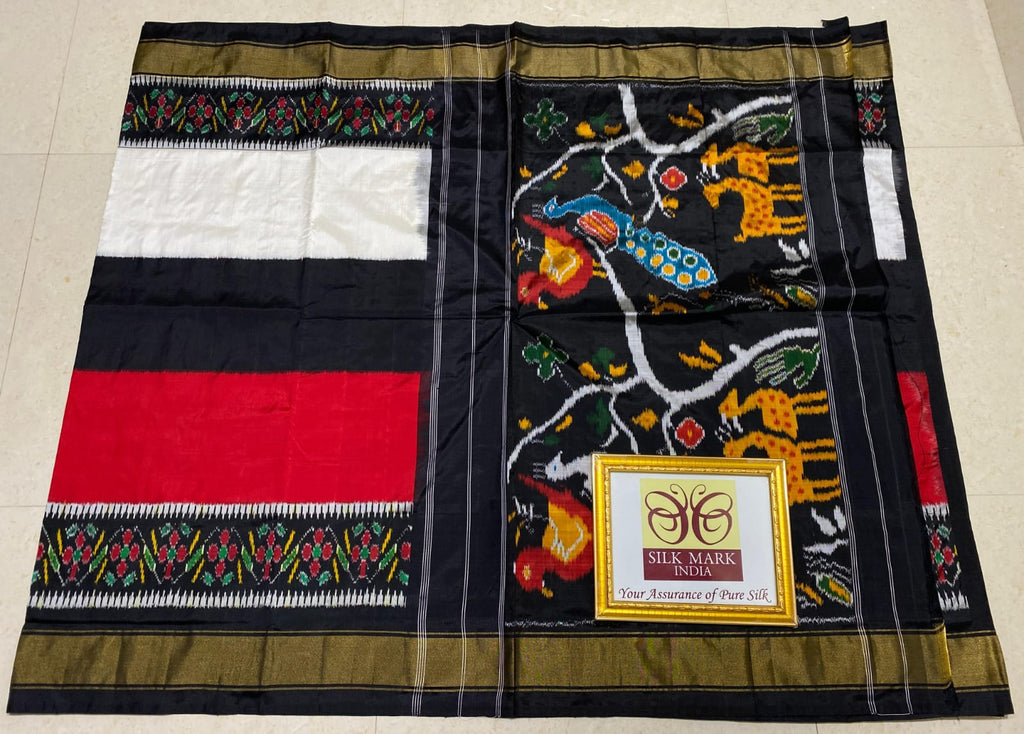Red, White & Black Pochampally Handloom 3D Ikkat/Ikat Silk Saree