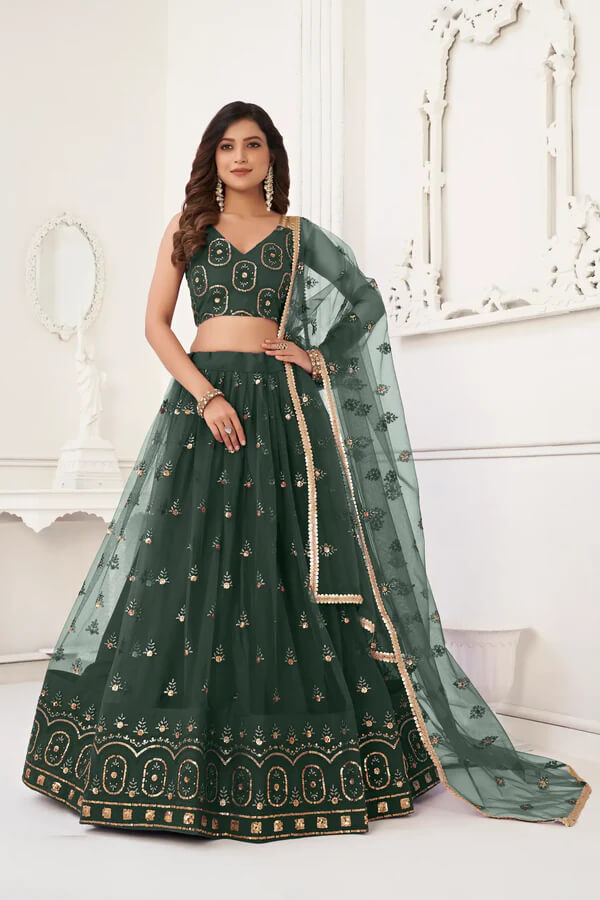 Festive Dark Green Net Embroidery Lehenga Choli