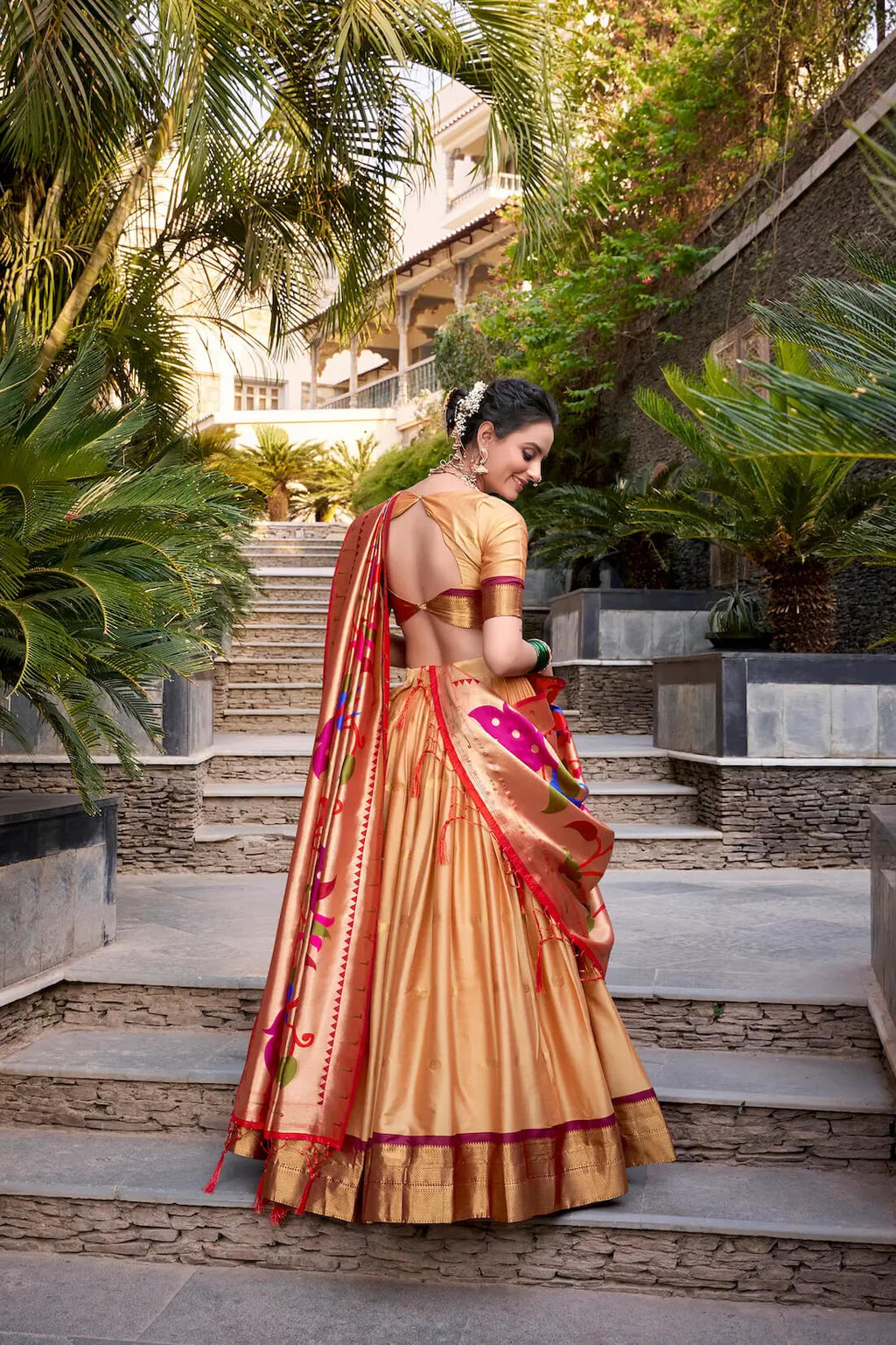 Elegant Beige Jacquard Silk Paithani Lehenga Choli with Zari Weaving