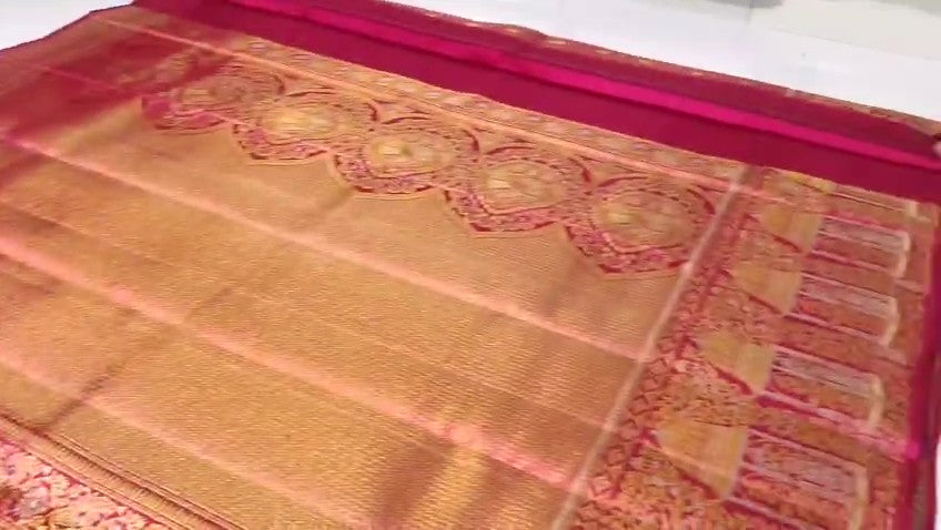Mørkelyserød Kanchipuram håndvævet vævsbrokade Meenakari silkesari