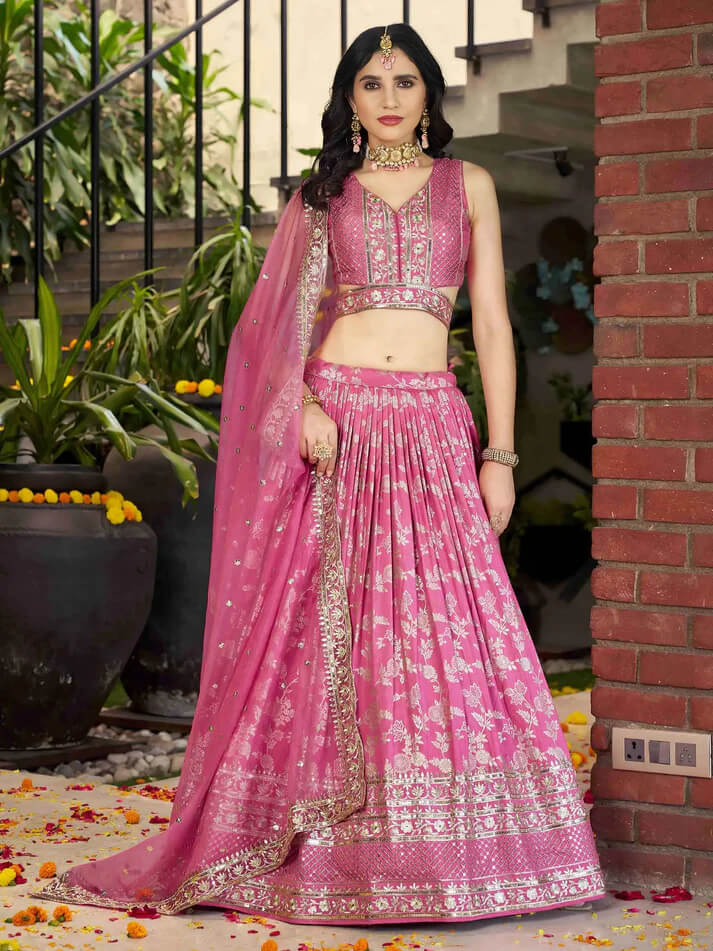 Pink Jacquard Lehenga with Zari & Sequins Work