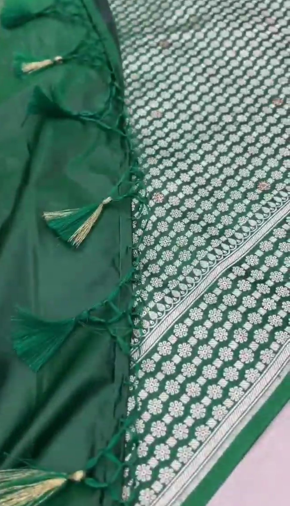 Green Banarasi Satin Katan Silk Swarovski Jangla Saree