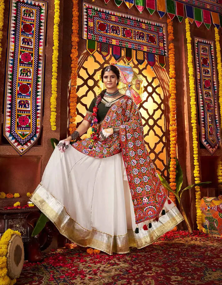 Off White Embroidered Navratri Lehenga with Mirror Dupatta
