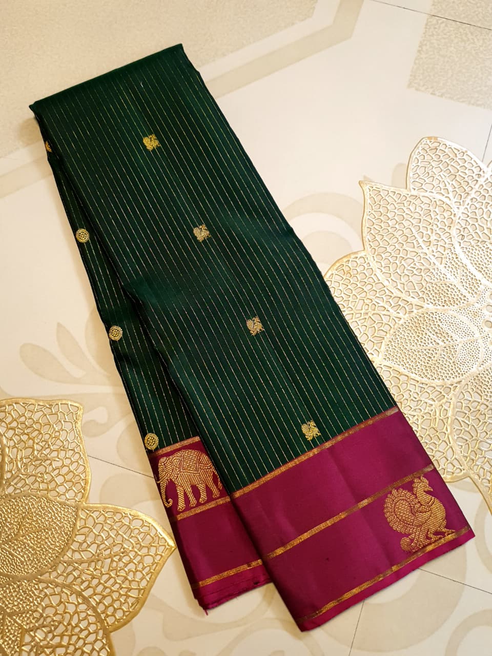 Bottle Green Kanchipuram Handloom 2G Gold Pattu Silk Saree
