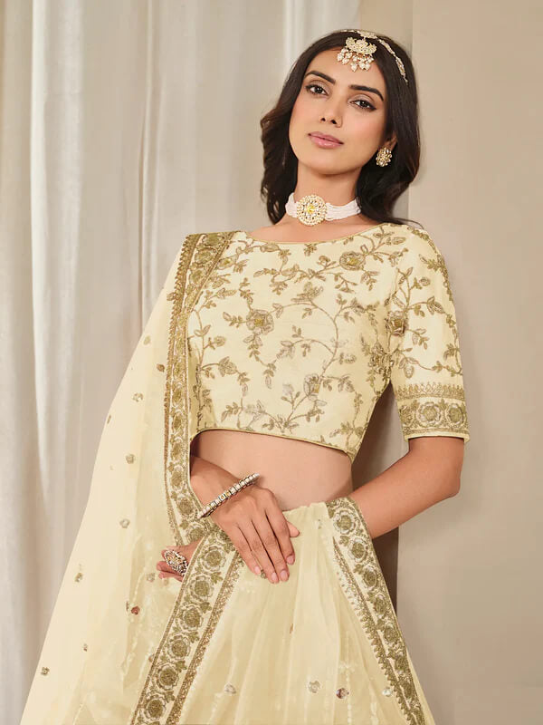 Beige Art Silk Lehenga Choli with Sequins Embroidery