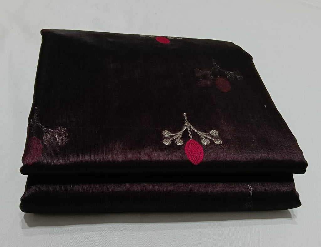 Dark Brown Chanderi Handloom Pattu Silk Eknal Buttas Meenakari Saree