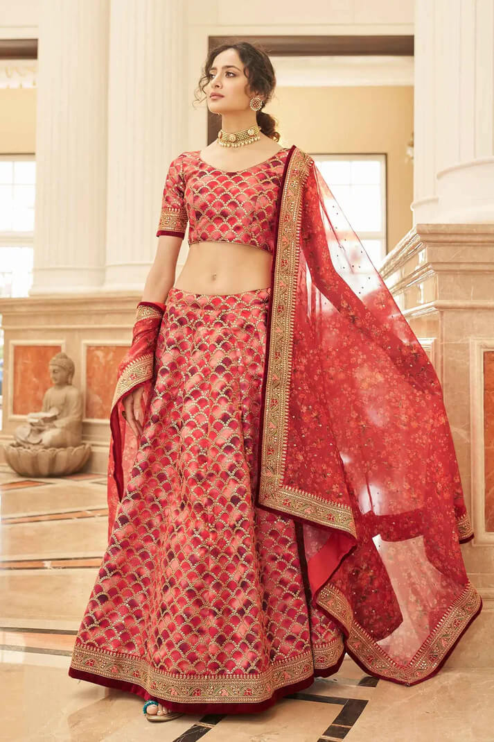 Red Brown Lehenga with Thread, Zari & Sequins Work