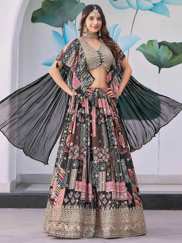 Black Digital Print Lehenga with Choker Dupatta