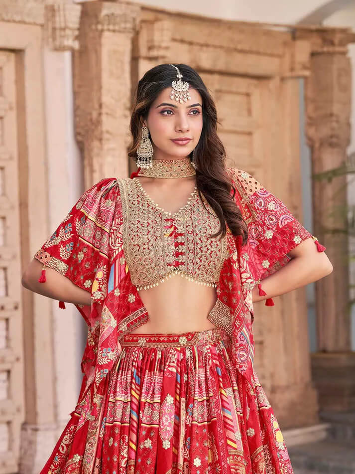 Red Silk Lehenga with Digital Print & Embroidery