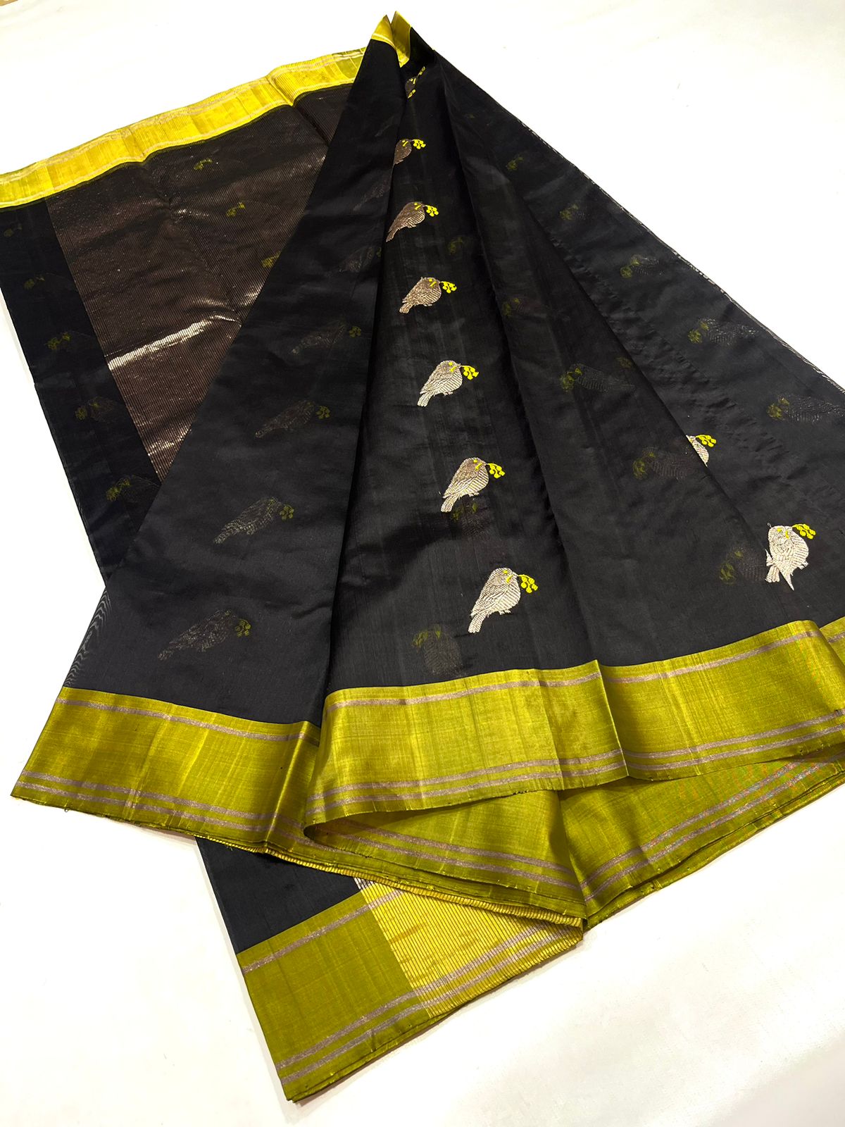 Black Chanderi Handloom Pattu Silk Eknal Buttas Saree