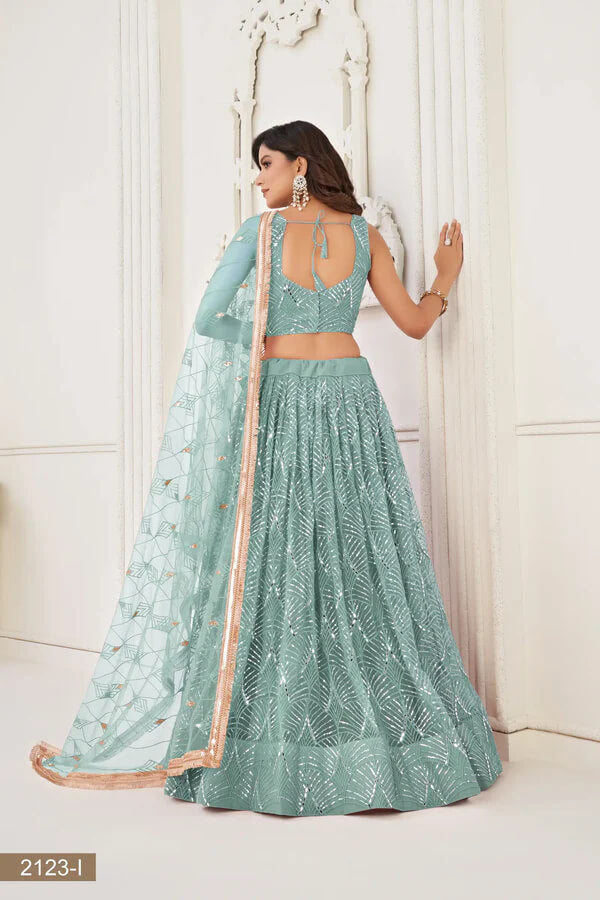 Ocean Blue Embroidered Net Lehenga Choli