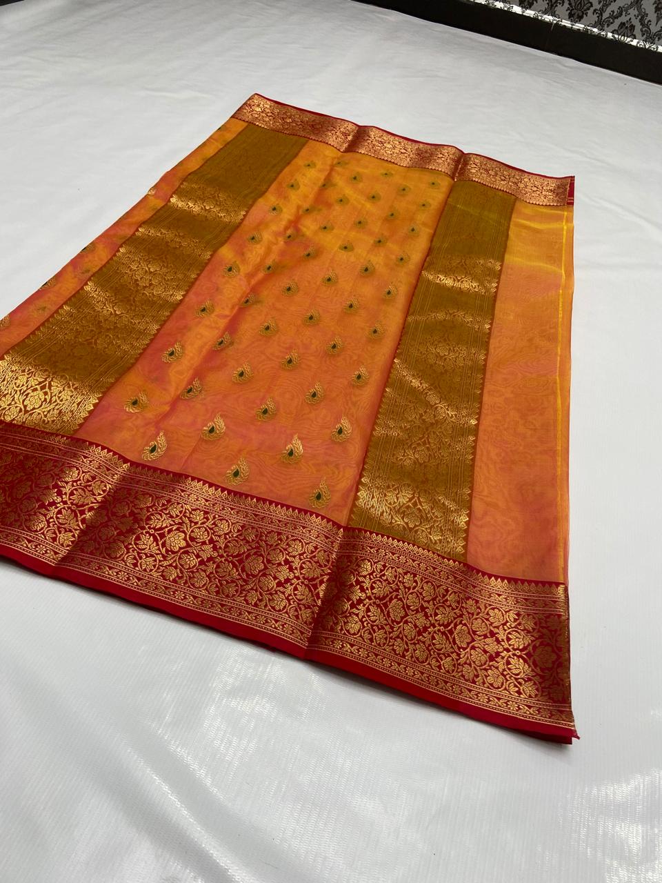 Orange Chanderi Handloom Katan Silk Nakshi Meenakari Saree