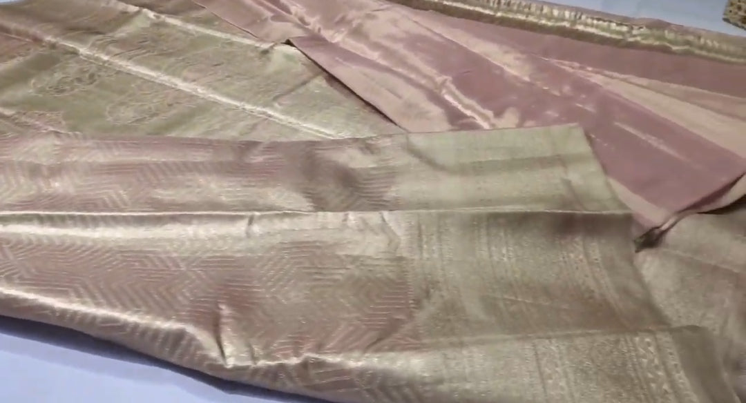 Peach Kanchipuram Handloom Tissue Brocade Silk Saree