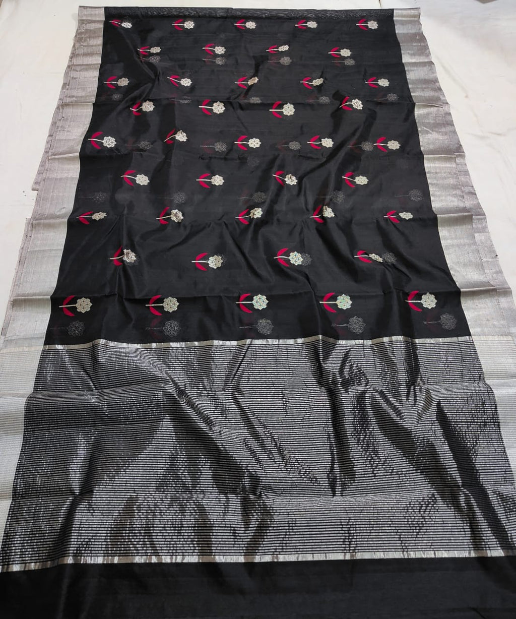 Sort Chanderi Håndvævet Pattu Silk Meenakari Saree