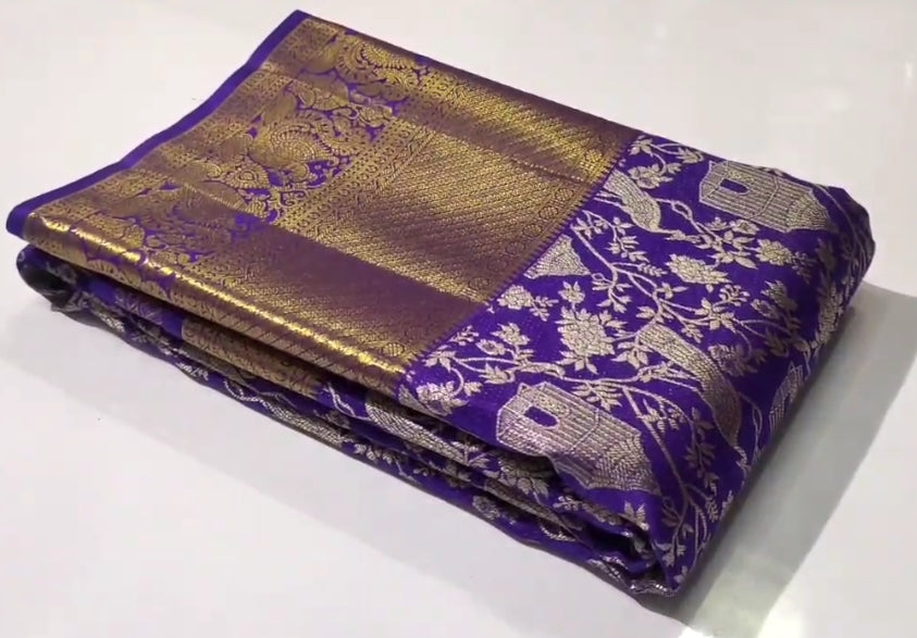 Purple Kanchipuram Handloom Tissue Brocade Silk Saree