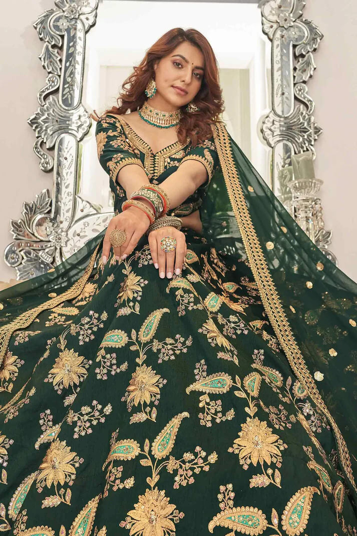 Green Art Silk Lehenga with Zari, Sequins & Dori Work