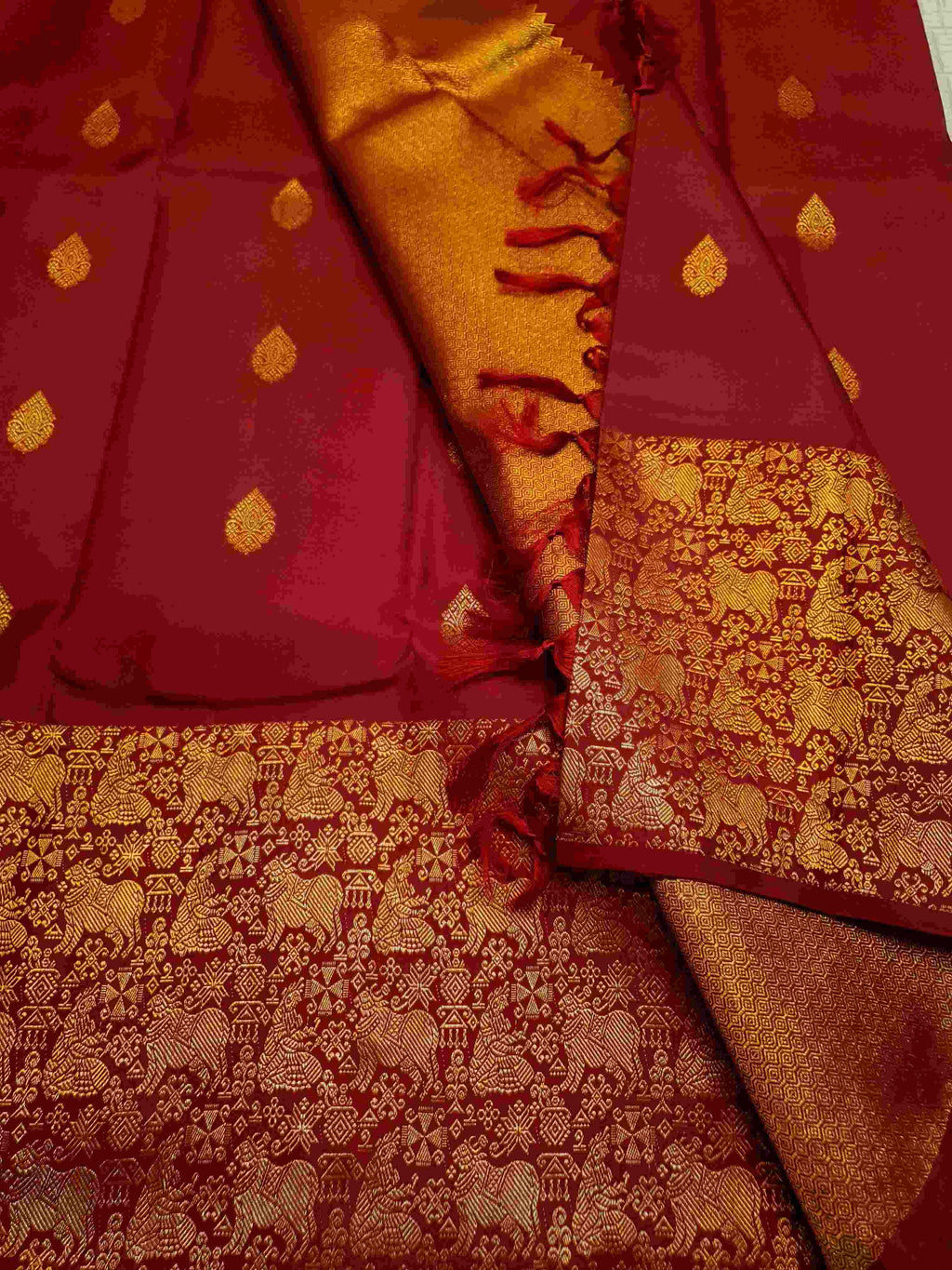 Rustic Red Kanchipuram Handloom 2G Gold Pattu Silk Saree