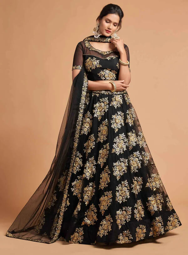 Black Soft Net Lehenga with Zari & Sequins Work