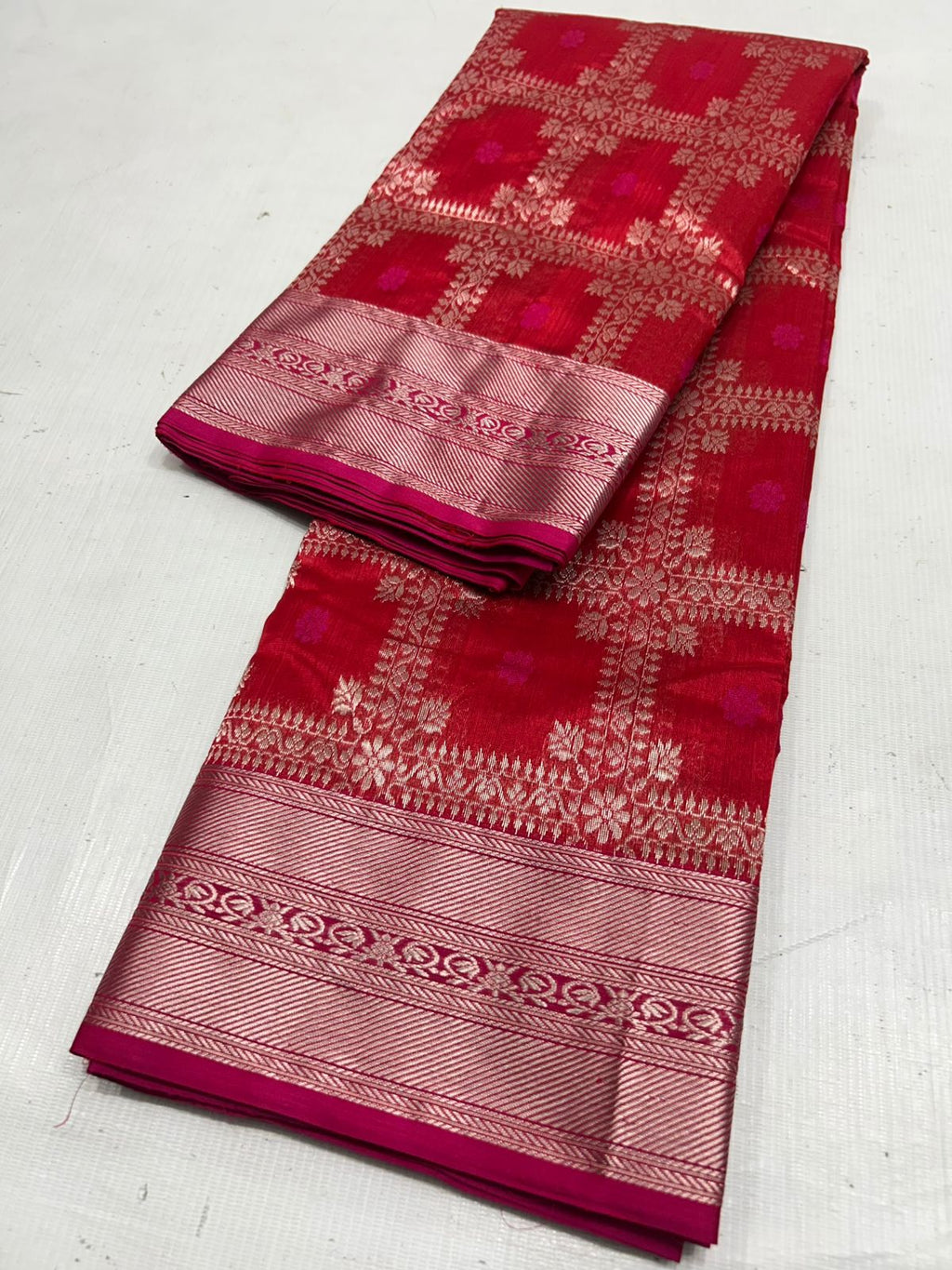 Rustic Red Chanderi Handloom Pattu Silk Meenakari Saree