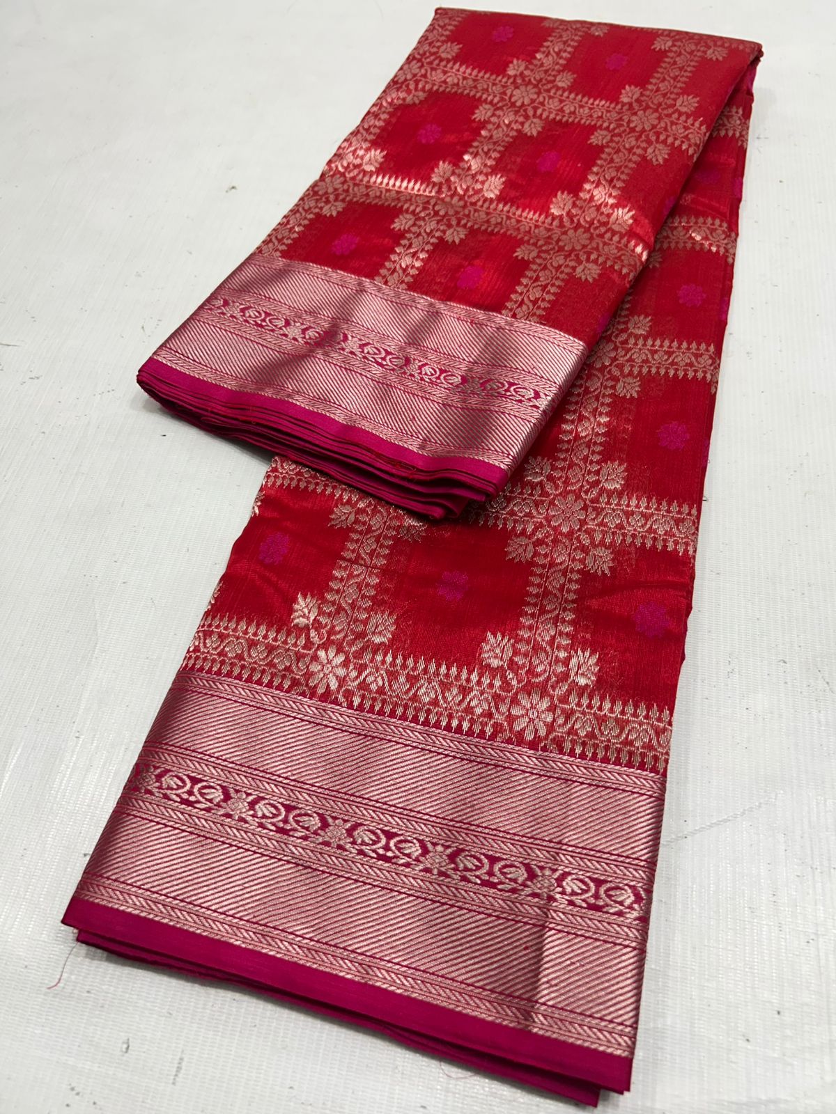 Rustic Red Chanderi Handloom Pattu Silk Meenakari Saree