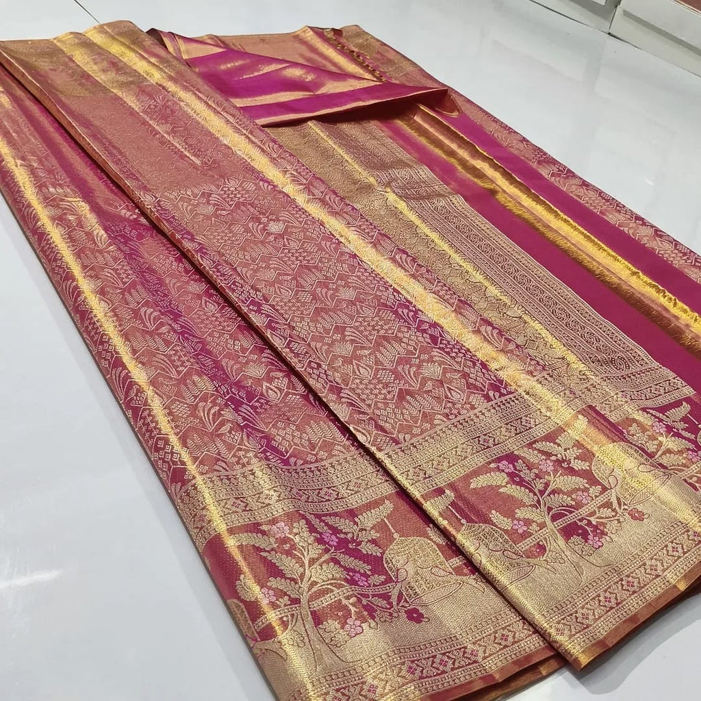 Dark Pink Kanchipuram Handloom Tissue Brocade Silk Saree