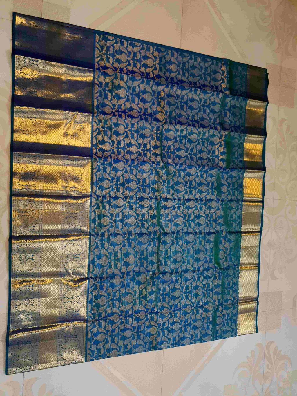 Peacock Blue Kanchipuram Handloom 2G Gold Vairaoosi Silk Saree