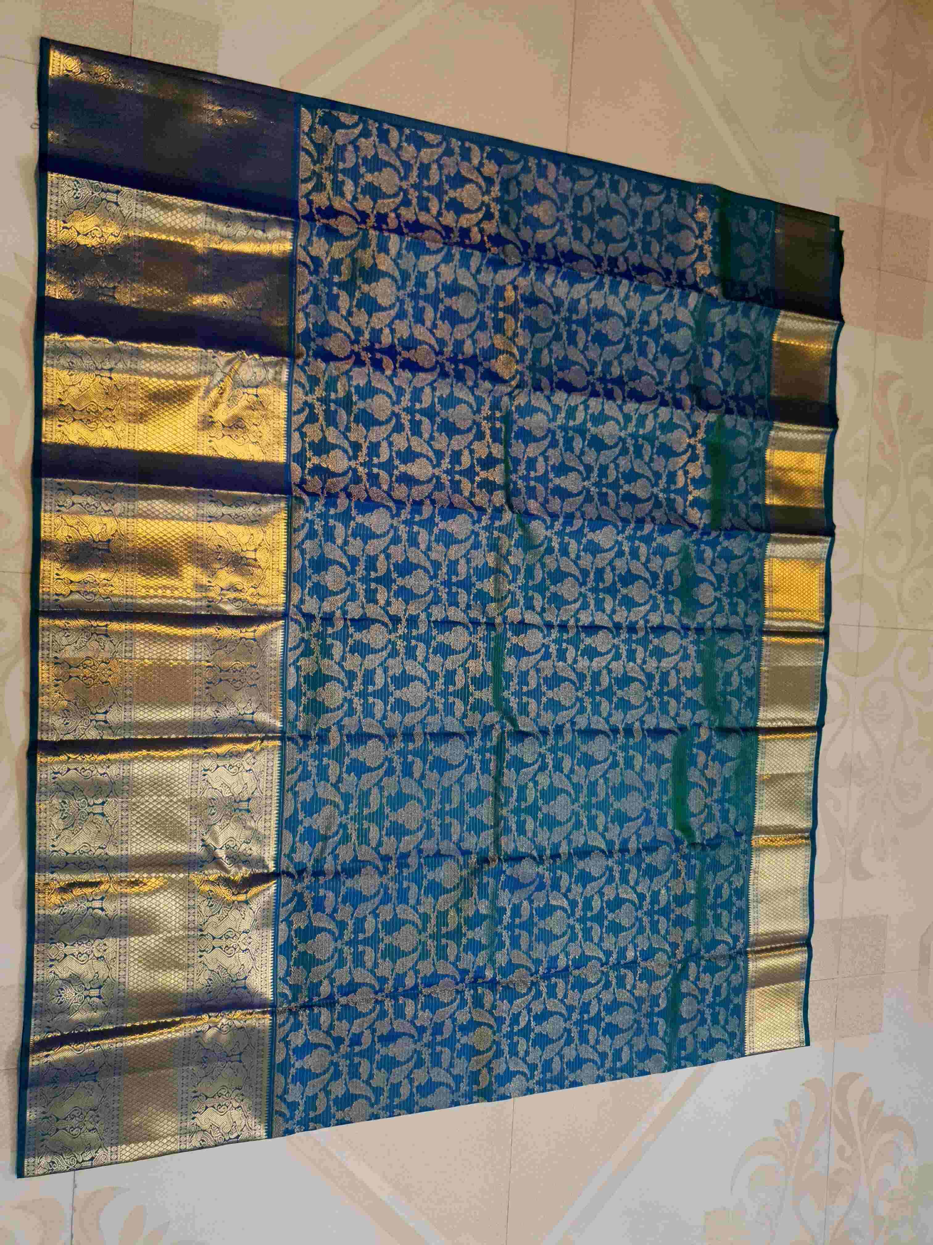 Peacock Blue Kanchipuram Handloom 2G Gold Vairaoosi Silk Saree