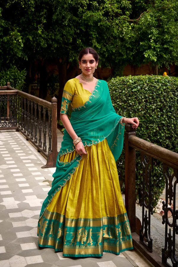 Ethnic Burnt Yellow Cotton Lehenga with Zari Embroidery