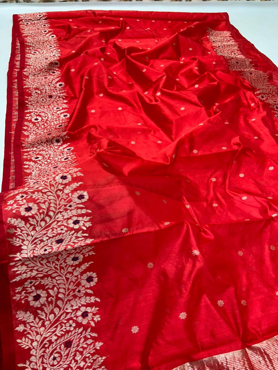 Red Chanderi Handloom Pattu Silk Meenakari Handwork Saree