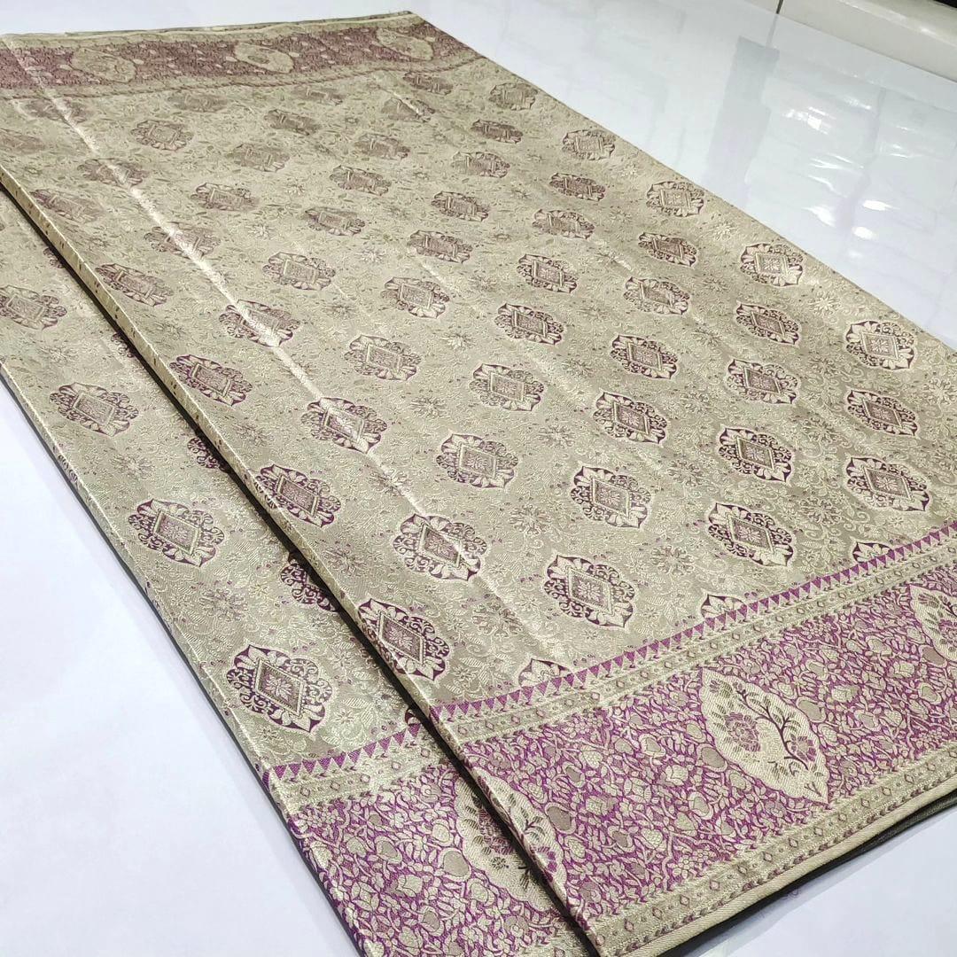Beige Kanchipuram Handloom Tissue Brocade Silk Saree