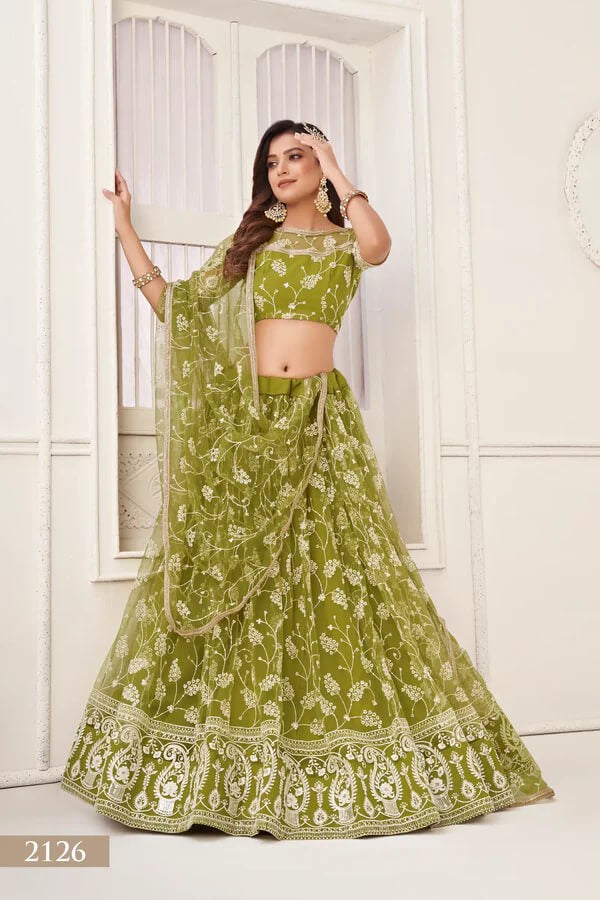Olive Green Net Lehenga Choli with Zari & Sequin Embroidery