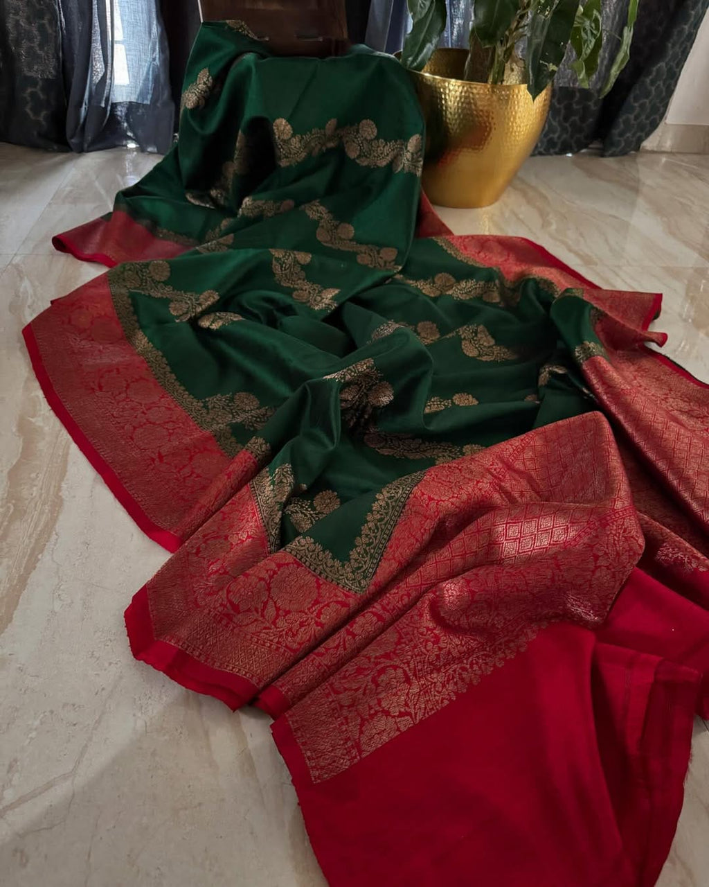 Bottle Green Banarasi Handloom Tussar Raw Silk Saree