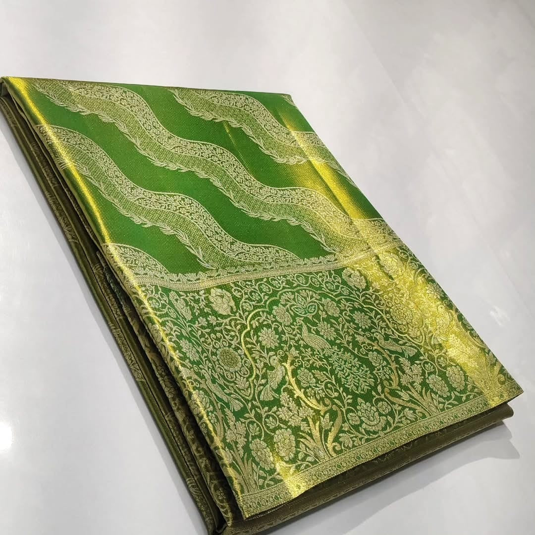 Green Kanchipuram Handloom Tissue Brocade Silk Meenakari Saree